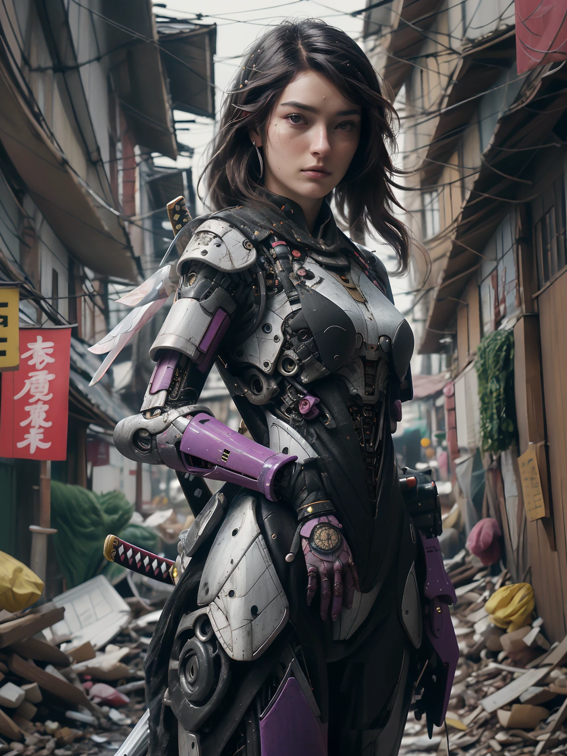 Image franche d&#39;un samouraï cyborg captivant qui ressemble à Gaite Jansen, seulement, cheveux en désordre avec des accents violets, ornements de fleurs, salopette, bottes, armure techwear, Délicat et beau, Âme, Déesse, élémentaire, atmosphérique, Particules luminescentes