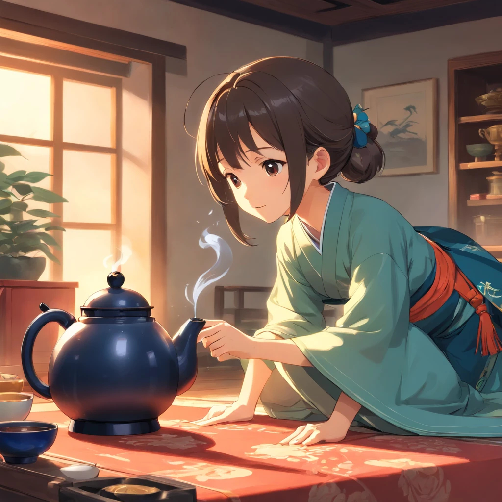 Anime girl in Hanfu standing next to a teapot, Boiling a teapot over a  charcoal fire on the stove, Side Body，stove，charcoal fire，teapot，Wear black  cloth shoes，author：Qu Leilei, author：Chen Daofu, author：Xia Gui - SeaArt