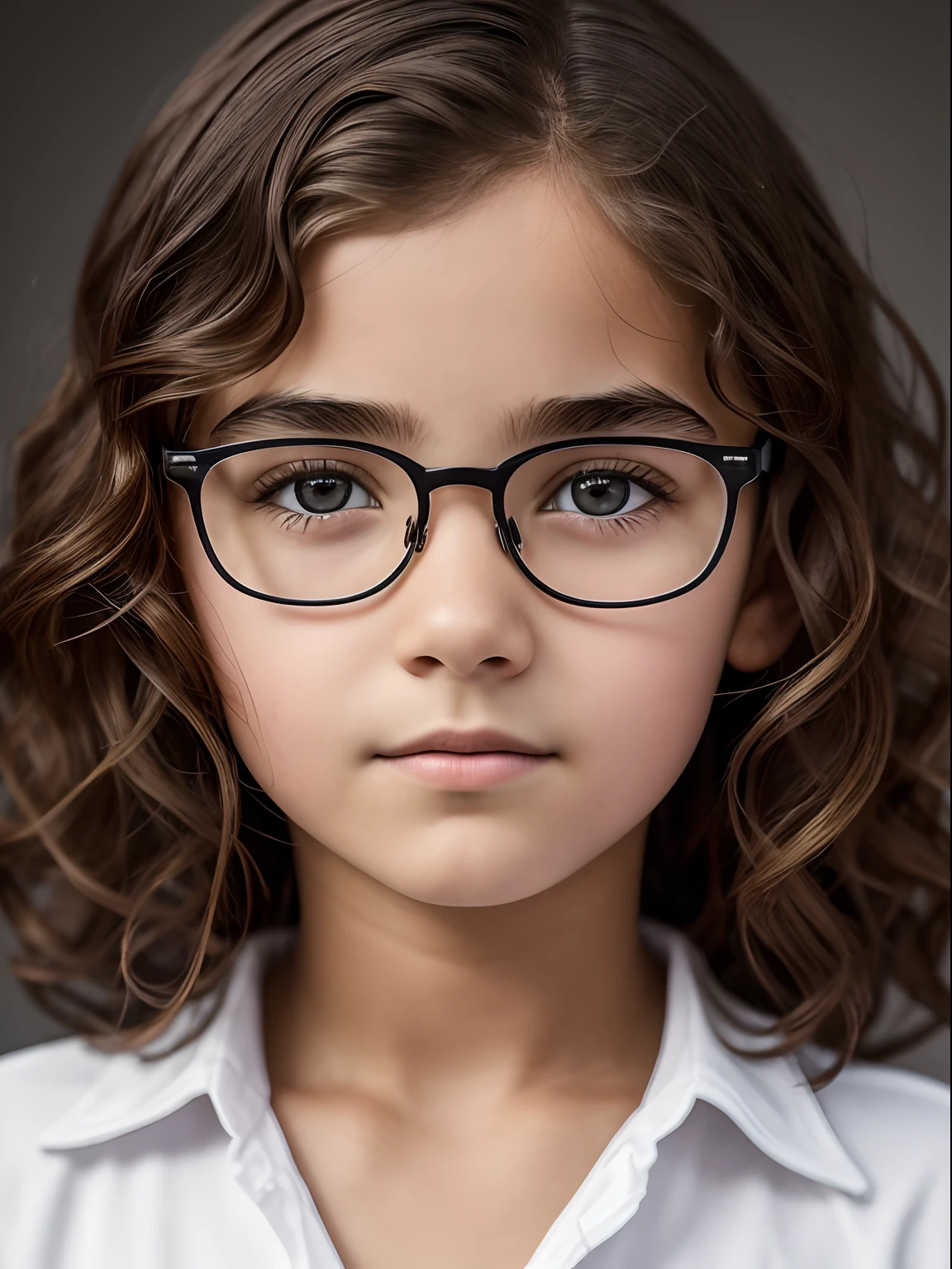 Realistic photo of a 10-year-old girl of European appearance, slightly curly brown thick hair below the shoulder blades; Big shiny brown eyes, long eyelashes, eyeglasses(The natural shine of glasses), thick eyebrows, Serious, хмурая, A bored look, looks at the camera from under his eyebrows(a slight tilt of the head forward and down), In the look you can read the desire to leave here; white long-sleeved shirt, black jacket; Without cosmetics, Unadorned; Straight posture(Photography for documents), sits directly on camera, Direct view(full face); Professional studio photography with a film SLR camera("Zorkiy-4"), (passport photo), hight resolution, Natural Realistic Detailed Skin Texture, natural lightin, 8K, Texture of the photo card, Maximum photorealism