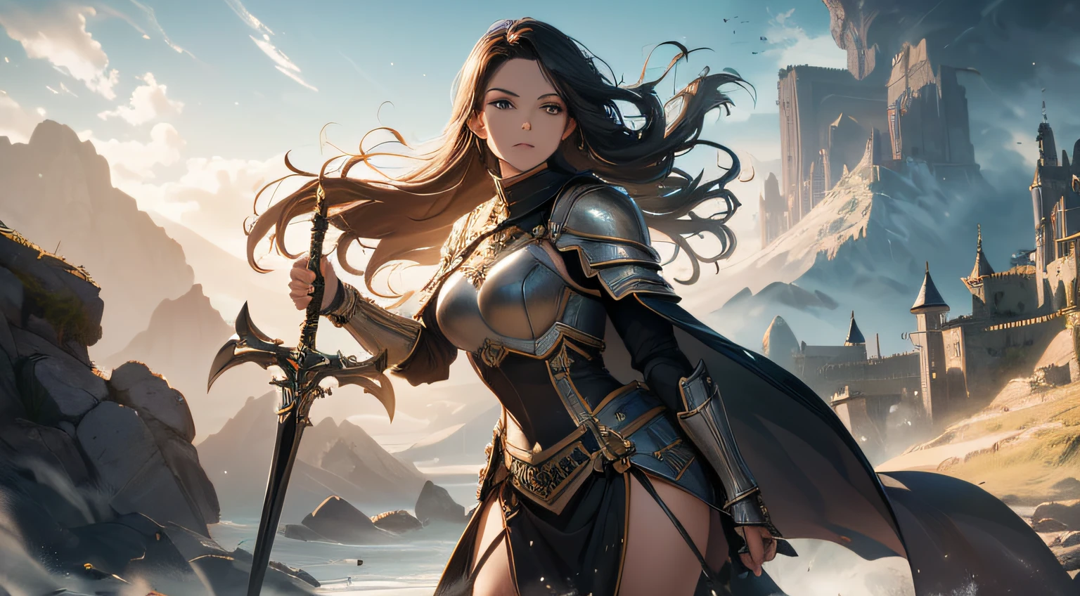 (best quality,highres),1 detailed female knight with plate armor,holding a black sword in her hand,detailed runic engravings on the sword,armor with intricate golden details,castle in the distant background,lush green fields,soft sunlight filtering through the clouds,strong dramatic lighting,imposing and majestic atmosphere,dynamic pose with the knight in mid-action,captivating and intense expression on the knight's face,flowing cape billowing in the wind,subtle hints of mist and fog,sense of mystery and anticipation,resembling a legendary warrior from ancient times,ethereal and enchanting color palette,rich and vibrant hues,creating a sense of power and strength,conveying a sense of determination and resilience,epic and grandiose composition,evoking a sense of awe and admiration,impeccable attention to the smallest details,highly realistic and photorealistic texture,impressive level of intricacy and precision,brilliant use of shadows and highlights,displaying masterful craftsmanship and skillful execution,immersive and visually stunning scene,exuding a sense of adventure and heroism.