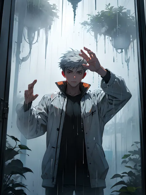1boys, Place your hand on the glass, Window fog, drippy, rain,, Masterpiece, Best quality, Highly detailed