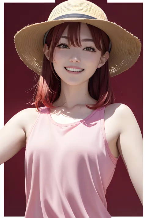 FULL BODYSHOT、an oil painting、​masterpiece、top-quality、hight resolution、Red hair、Cheerful woman、A smile、Pink T-shirt、Black hot pants sweaty skin、White light background、bobhair、Medium Hair、Hair up to the shoulders、Camouflage ten-gallon hat、Wearing a ten-gal...