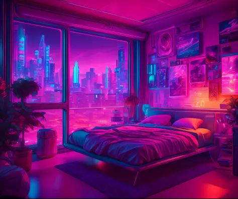 ((masterpiece)), (ultra-detailed), (intricate details), (high resolution CGI artwork 8k), Create an image of a small retro-futuristic and realistic vaporwave cyberpunk (bedroom) at night time. One of the walls should feature a big window with a busy, color...