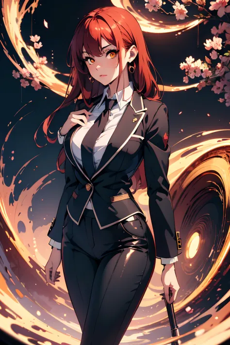 (best quality, masterpiece:1.2), ultra detailed, 1girll, red tinted hair，business suit，tiese，high-waist pants，orange spiral eyes...