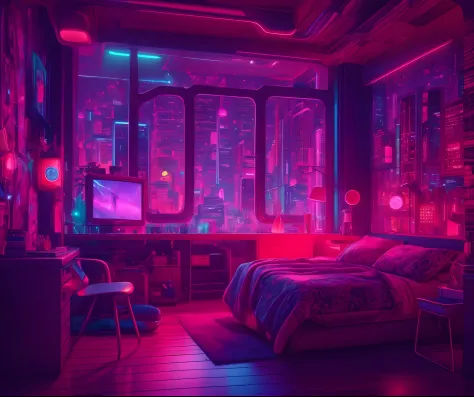 ((masterpiece)), (ultra-detailed), (intricate details), (high resolution CGI artwork 8k), Create an image of a small retro-futuristic and realistic antique (bedroom) at night time. One of the walls should feature a big window with a busy, colorful, and det...