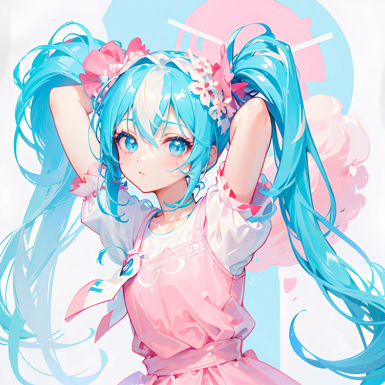 Anime girl with blue hair and pink dress posing for a picture - SeaArt AI