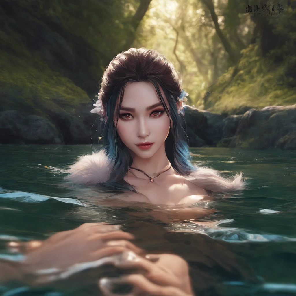 A woman with blue hair is swimming in a river - SeaArt AI