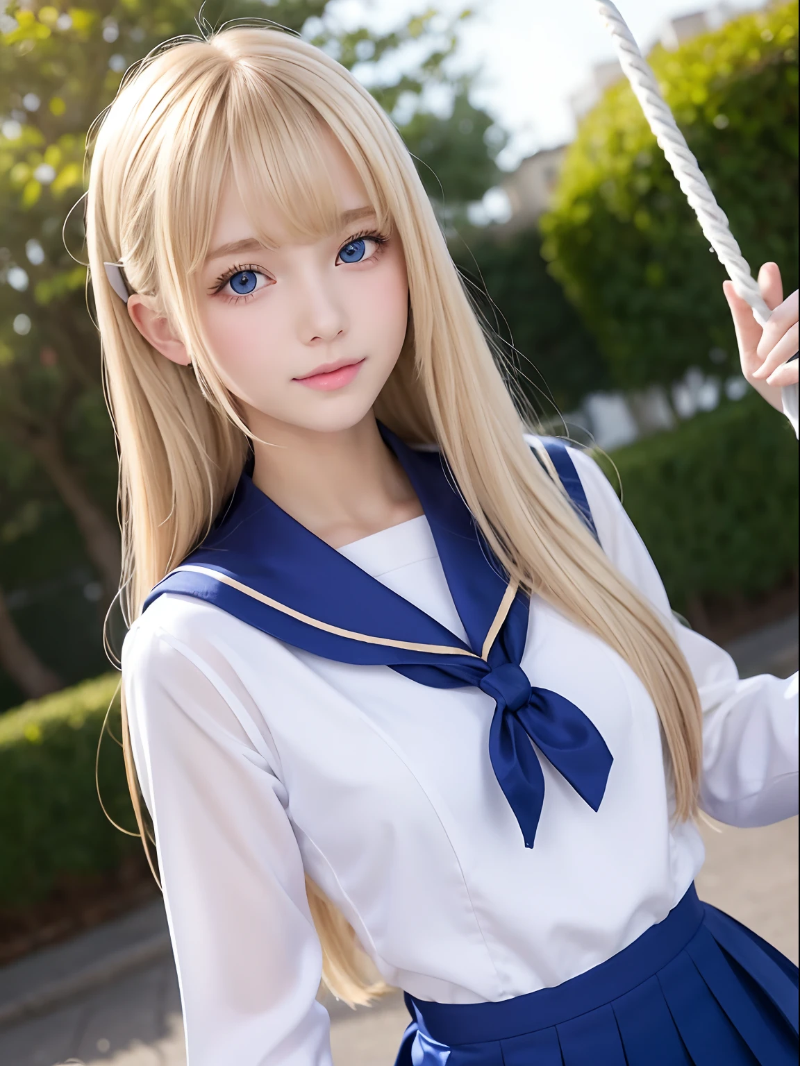 silky shiny skin、Sexy and very beautiful nice cute gorgeous face、Super Long Gorgeous Blonde Silky Hair、Big fancy pale blue eyes、Swing bangs、16 year old beautiful cute beautiful girl、School Uniforms、a sailor suit、