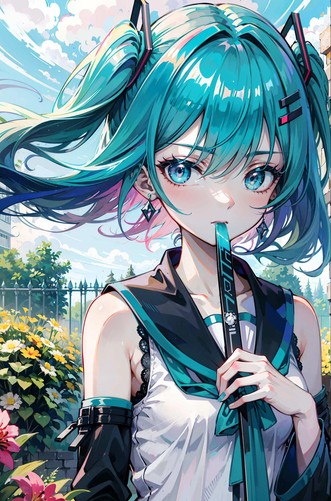 miku hatsune : 1.1, 青い髪: 1.2, , 昼間: 1.2,庭で: 1.1, フラワーズ, 映画照明, シュルレアリスム, 超高解像度, 正確な, スーパーディテール, キメのある肌, 細部までこだわった, 最高品質, 8K,薄い前髪, (カラフルな水しぶき),カラフルなバブル,(シャイニング), 厚い体, ノースリーブ, よく描かれた手, 牙を示す口