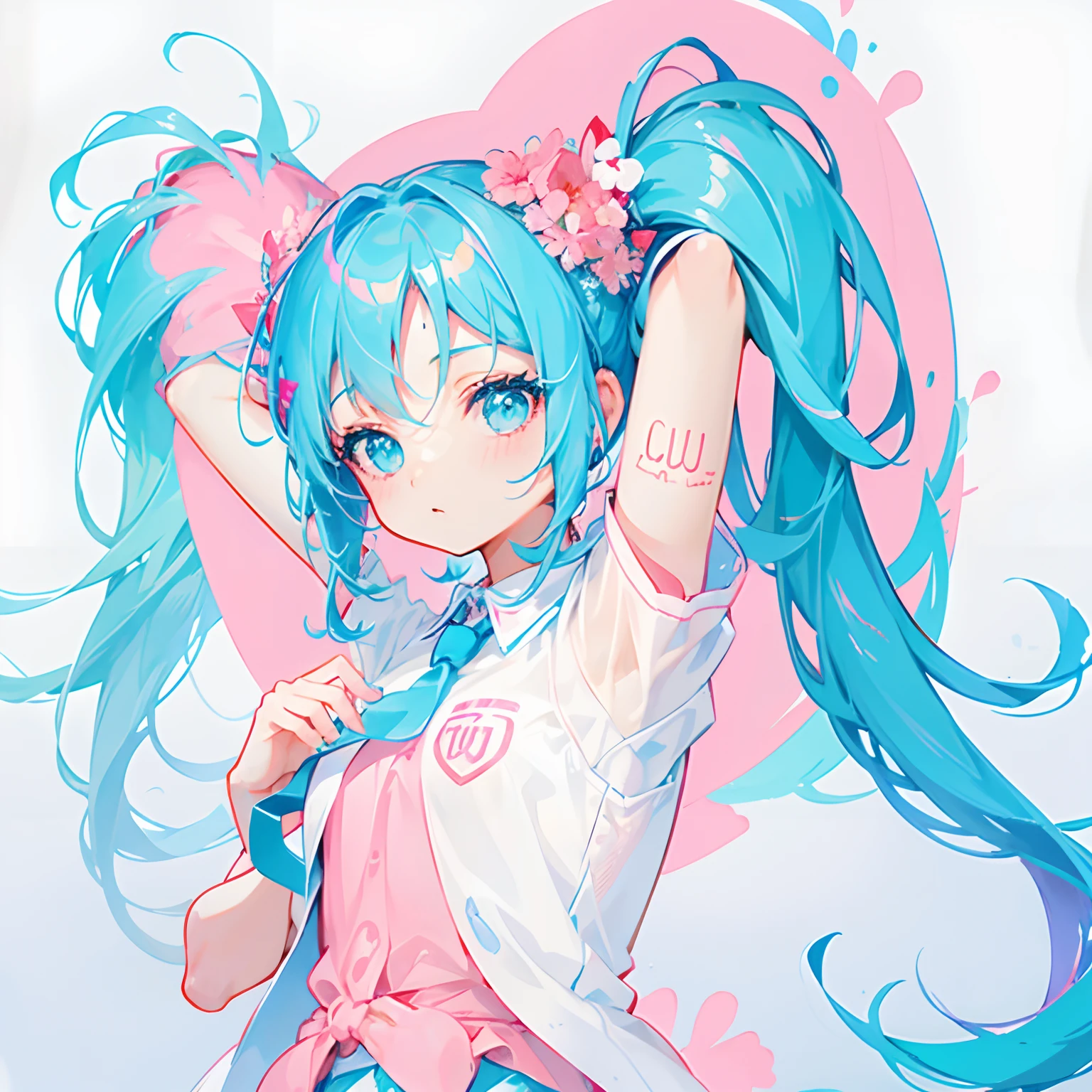 Blue and pink hair girl, of the large collections, cyan eyes, pink and white shirt, V hand, Hatsune Miku, beautiful