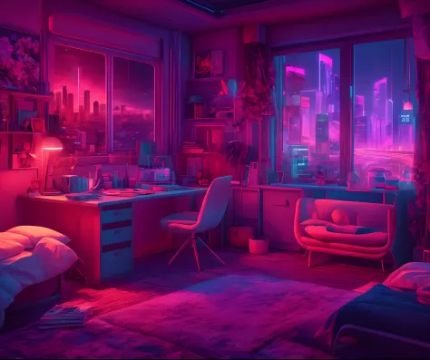 ((masterpiece)), (ultra-detailed), (intricate details), (high resolution CGI artwork 8k), Create an image of a small realistic antique (bedroom) at nighttime with warm and pastel coloring and light. One of the walls should feature a big window with a busy,...