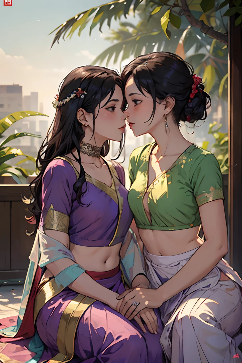 a couple of lesbians,Woman wearing red lehenga, sitting on lap of woman wearing purple saree, making out, aggressively