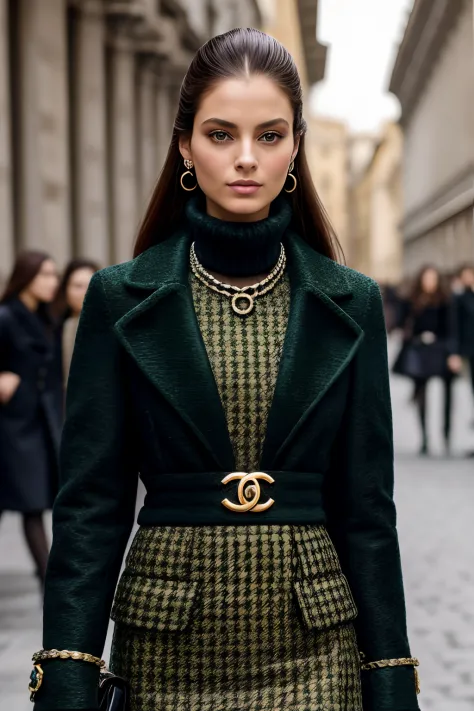 mulher branca, long hair up to the brunette waist, Wearing the winter collection inspired by Chanel and Prada, Milan Fashion Wee...