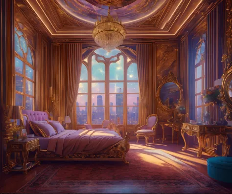 ((masterpiece)), (ultra-detailed), (intricate details), (high resolution CGI artwork 8k), This artwork emphasizes the contrast between past and future. Create an image of a lady's boudoir from the 17th century. The furniture should be antique, heavy, solid...