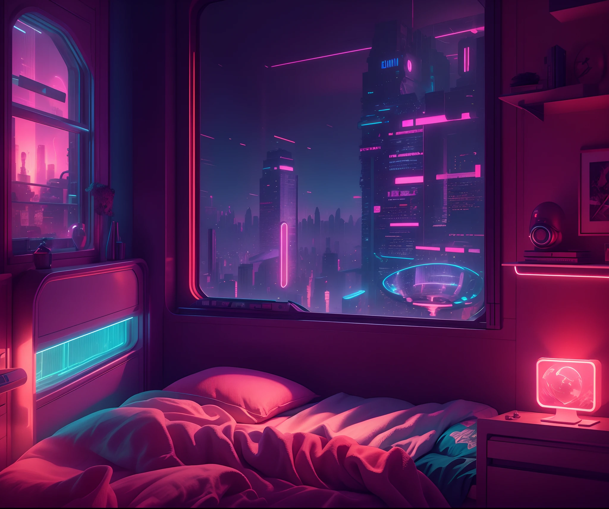 ((masterpiece)), (ultra-detailed), (intricate details), (high resolution CGI artwork 8k), Create an image of a small realistic antique (bedroom) at nighttime with warm and pastel coloring and light. One of the walls should feature a big window with a busy, colorful, and detailed (cyberpunk), synthwave, neon cityscape. The city should have a futuristic style with lots of colors, neon lights, signs, and differently-sized buildings. The cityscape should be extremely detailed with depth of field. The city should have a lot of visual interest with many small details. Utilize atmospheric and ambient lighting to create depth and evoke the feel of a busy futuristic city outside the window. Pay close attention to details like intricate, hires eyes and 90s bedroom accents. Camera: wide shot showing the bed or desk and the window. The window should be the focal point of the image. Lighting: use atmospheric and volumetric lighting to enhance the cityscape details. The room should be illuminated by the neon lights from the cityscape.