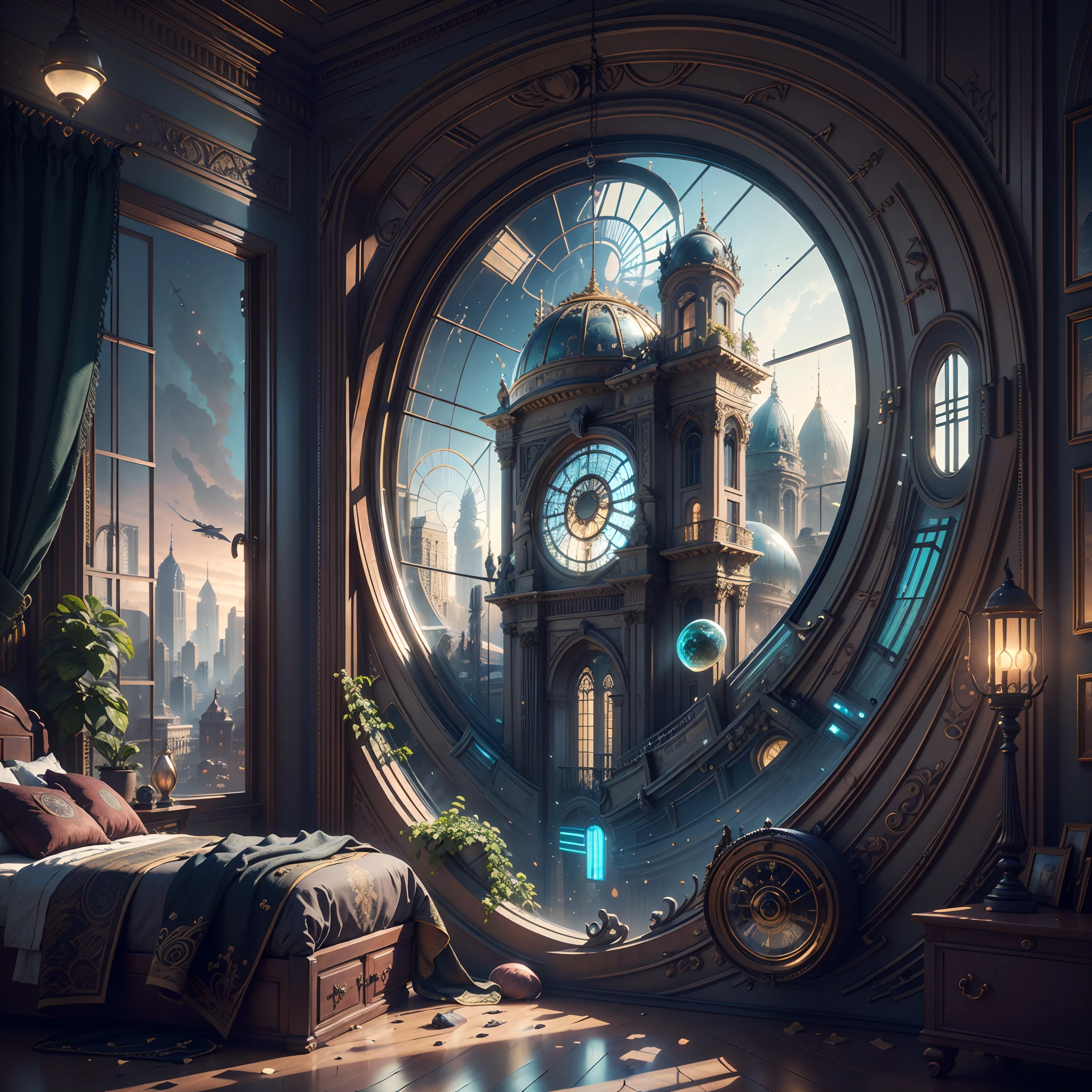 (((Generate an ornate bedroom in the style of Versailles with a big historical window.))) A hyperrealistic cyberpunk dreamscape cityscape is in the window. The cityscape is extremely detailed with many lights and LED neon colors and buildings of many different sizes. The cityscape has all colors of the rainbow and has hires interesting flying steampunk dirigibles. A giant steampunk standalone clock is seen ((through the window)). It is peaceful in the bedroom. The entire artwork is very realistic with many small details and enhancements. 3D render beeple, artstation and beeple highly, in fantasy sci-fi city, inspired by beeple, 8k, unreal engine unity CGI. Masterpiece and popular. Add many fantastical and beautiful details and nuances.