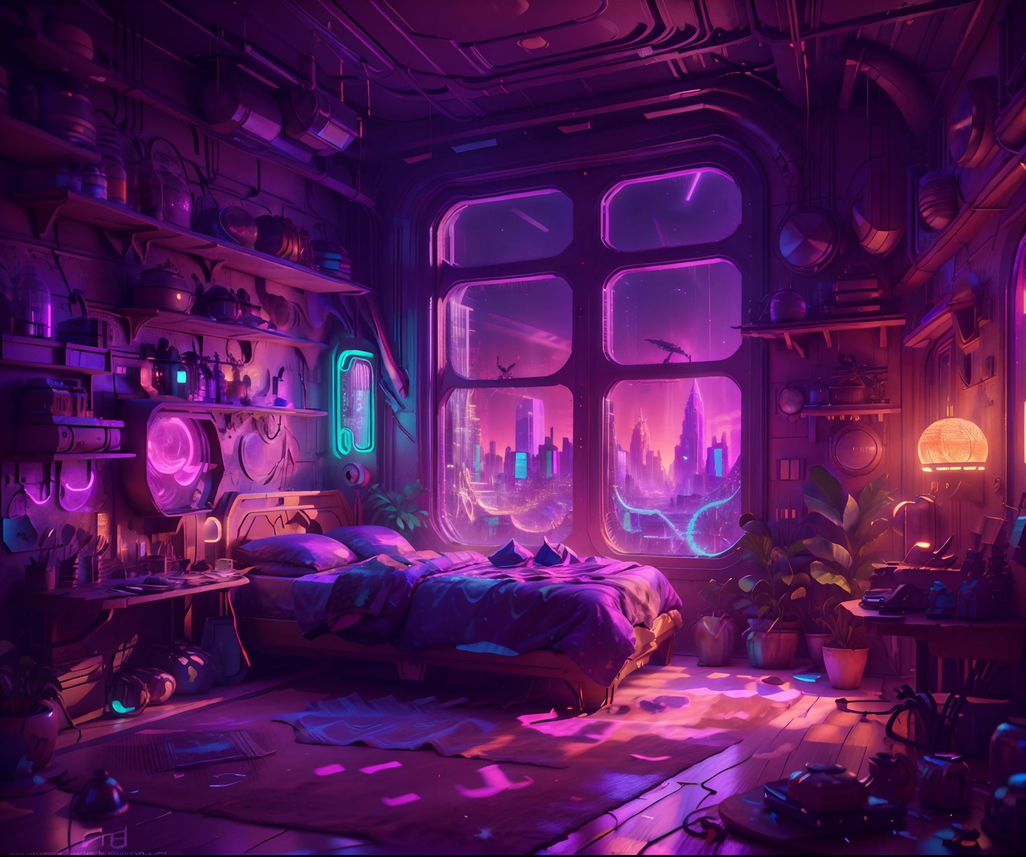 ((masterpiece)), (ultra-detailed), (intricate details), (high resolution CGI artwork 8k), Create an image of a small realistic antique (bedroom) at nighttime with warm and pastel coloring and light. One of the walls should feature a big window with a busy, colorful, and detailed (cyberpunk), synthwave, neon cityscape. The city should have a futuristic style with lots of colors, neon lights, signs, and differently-sized buildings. The cityscape should be extremely detailed with depth of field. The city should have a lot of visual interest with many small details. Utilize atmospheric and ambient lighting to create depth and evoke the feel of a busy futuristic city outside the window. Pay close attention to details like intricate, hires eyes and 90s bedroom accents. Camera: wide shot showing the bed or desk and the window. The window should be the focal point of the image. Lighting: use atmospheric and volumetric lighting to enhance the cityscape details. The room should be illuminated by the neon lights from the cityscape.
