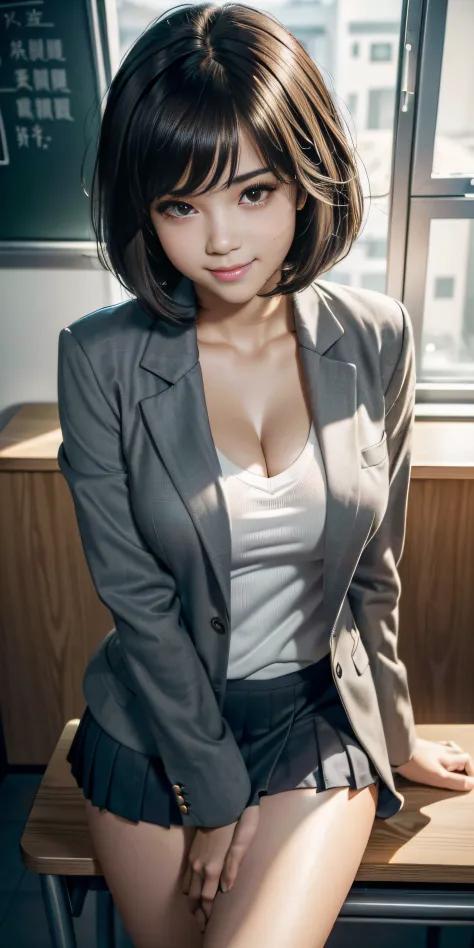 anime big breast, Realistic female anime style, (aegyo sal: 1), 18 years old girl, (grey blazer, tape, Fold the miniskirt, socke...