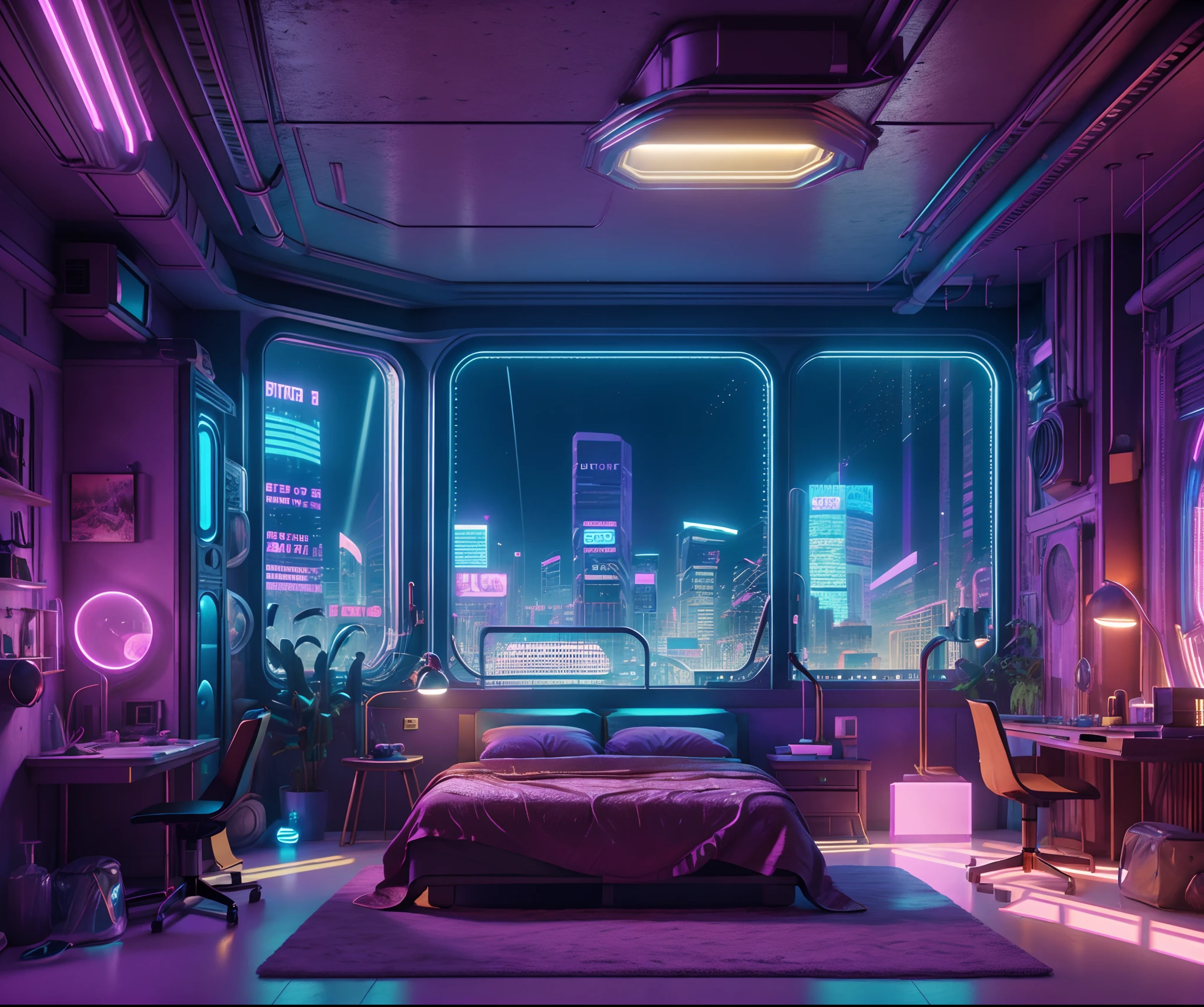 ((masterpiece)), (ultra-detailed), (intricate details), (high resolution CGI artwork 8k), Create an image of a small realistic antique (bedroom) at nighttime with warm and pastel coloring and light. One of the walls should feature a big window with a busy, colorful, and detailed (cyberpunk), synthwave, neon cityscape. The city should have a futuristic style with lots of colors, neon lights, signs, and differently-sized buildings. The cityscape should be extremely detailed with depth of field. The city should have a lot of visual interest with many small details. Utilize atmospheric and ambient lighting to create depth and evoke the feel of a busy futuristic city outside the window. Pay close attention to details like intricate, hires eyes and 90s bedroom accents. Camera: wide shot showing the bed or desk and the window. The window should be the focal point of the image. Lighting: use atmospheric and volumetric lighting to enhance the cityscape details. The room should be illuminated by the neon lights from the cityscape.