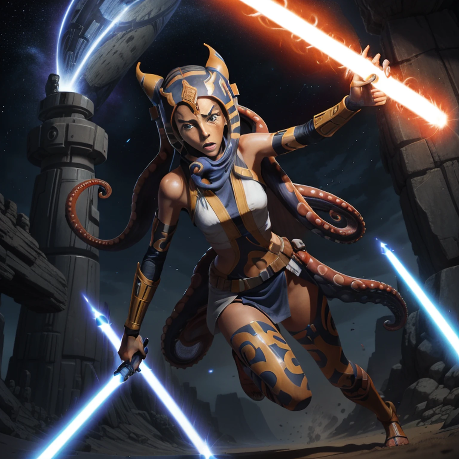 "Create a stunning illustration of Ahsoka Tano in action, with his characteristic white lightsaber and lekkus (tentacles) riding your Jedi prowess in an epic battle arena. Be sure to capture her essence and unique facial expression as she faces a challenge in the Star Wars universe."