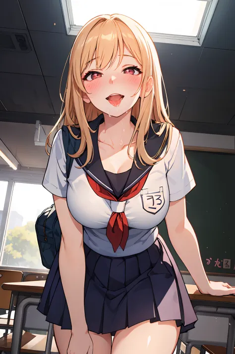 wide angle, 1girl, lips, open mouth, ahegao, saliva, blush, makeup, light smile, provoking, POV, from below, standing, school uniform, indoor, classroom, school bag, light rays, glow, thighs, collarbone, (masterpiece), wallpaper,
