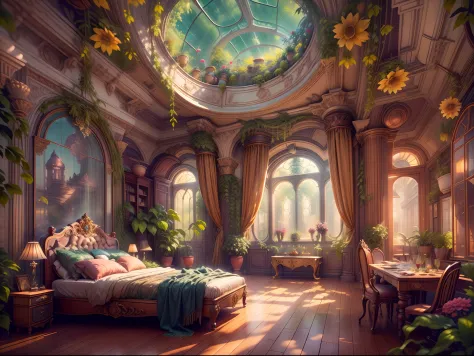 Solarpunk Dreamscape: The Royal Botanical Sanctuary | Generate an ornate botanical bedroom in the style of Versailles in a solar...