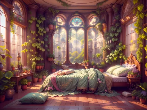 Solarpunk Dreamscape: The Royal Botanical Sanctuary | Generate an ornate botanical bedroom in the style of Versailles in a solar...