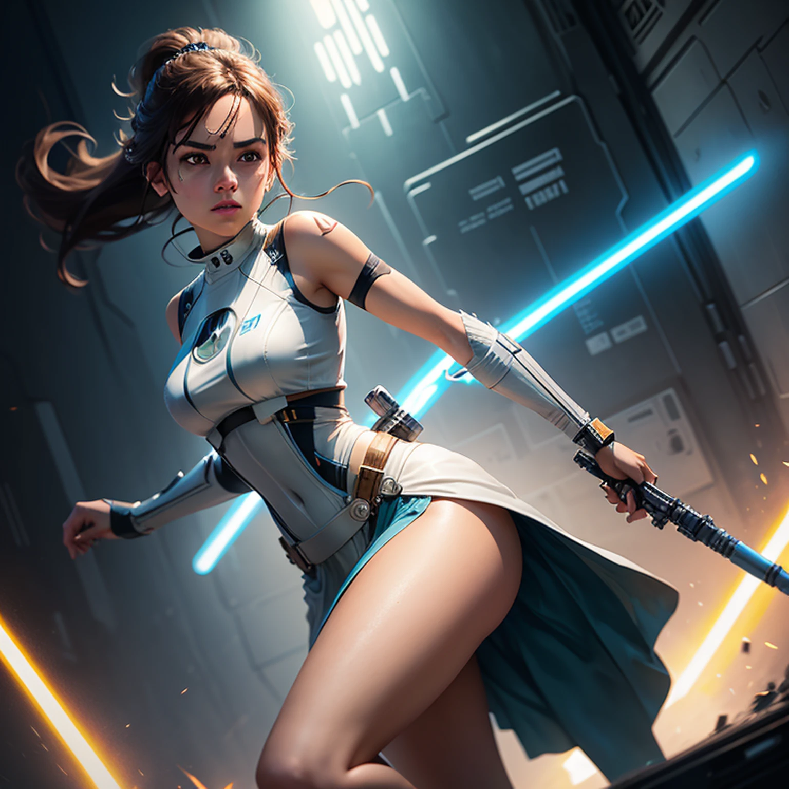 A woman in a white dress holding a sword and a light saber - SeaArt AI