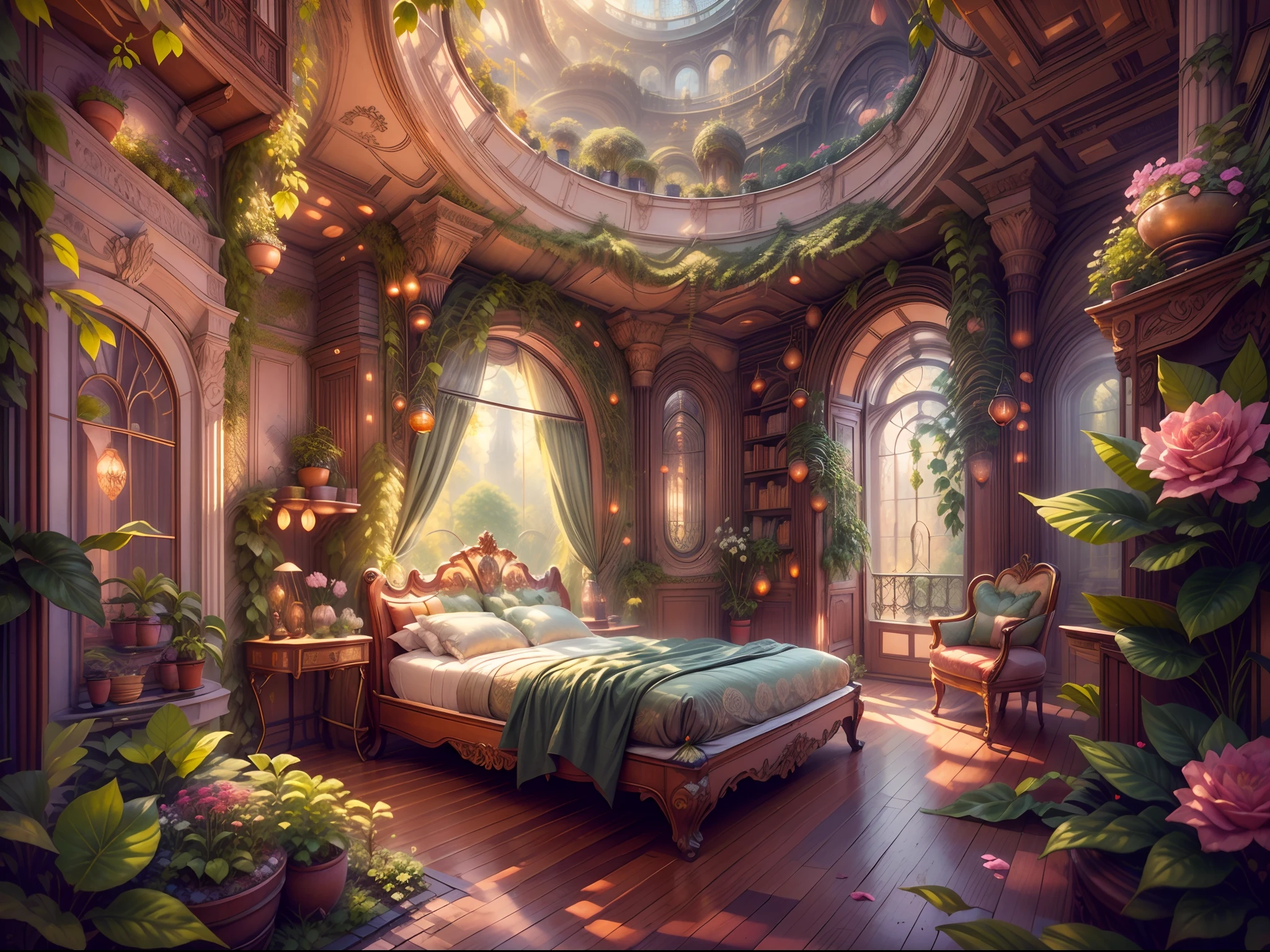 Solarpunk Dreamscape: The Royal Botanical Sanctuary | Generate an ornate botanical bedroom in the style of Versailles in a solarpunk world. There is a giant historical window in the bedroom. The giant French historical window is adorned with intricate carvings and dominates one wall. Through the massive window, a colorful and intricate solarpunk cityscape is visible. The cityscape is bustling and interesting, with many small details and high visual interest. The bedroom is peaceful, with many elegant flowers and flowered ivy among the rich silk fabric and hardwood floor. Take inspiration from rooftop gardens, royal french gardens, beautiful rose gardens, and whimsical fantasy. Include beautiful fantasy details and touches, including fantasy water, books, 3D touches, and delicate tendrils of ivy. Camera: Utilize innovative lighting techniques to emphasize the realism and beauty of the image. Delicate flower petals from floating flowers dance through the air. Utilize dynamic composition to create a compelling image.