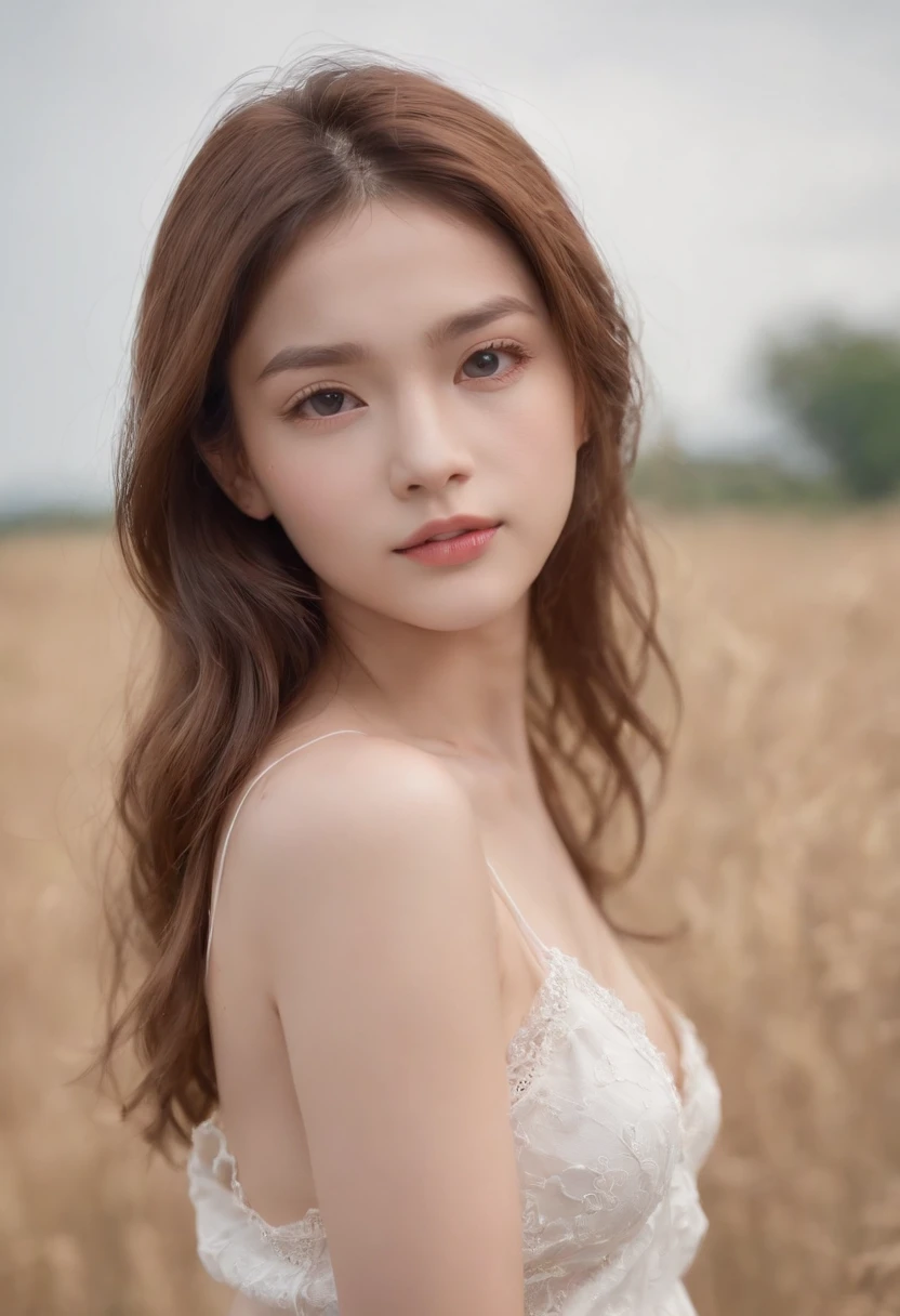 A woman in a white dress standing in a field of wheat - SeaArt AI