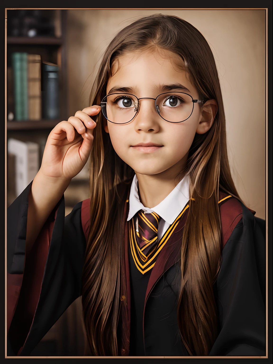 Realistic photo of a 10-year-old girl of European appearance, slightly curly brown thick hair below the shoulder blades(to the middle of the back); Large shiny dark brown eyes, long eyelashes, eyeglasses(The natural shine of glasses), thick eyebrows, Serious, хмурая, A bored look, looks at the camera from under his eyebrows(a slight tilt of the head forward and down), In the look you can read the desire to leave here; Official Slytherin Faculty Uniform(Hogwarts); Without cosmetics, Unadorned; Straight posture(Photography for documents), sits directly on camera, Direct view(full face); Professional studio photography with a film SLR camera("Zorkiy-4"), (passport photo), hight resolution, Natural Realistic Detailed Skin Texture, natural lightin, 8K, Texture of the photo card, Maximum photorealism