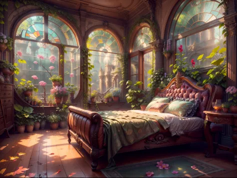 Solarpunk Dreamscape: The Royal Botanical Sanctuary | Generate an ornate botanical bedroom in the style of Versailles in a solar...