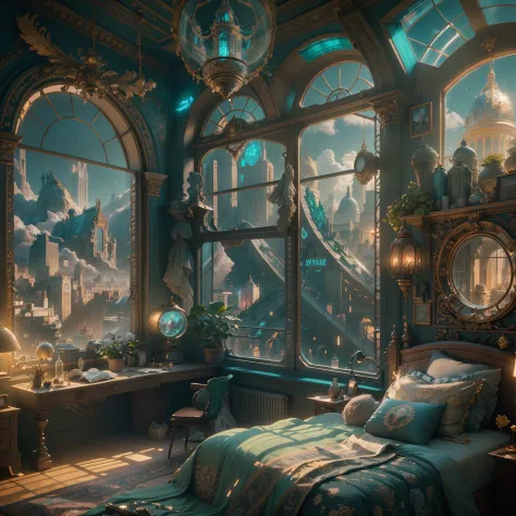 (((Generate an ornate bedroom in the style of Versailles with a big historical window.))) A hyperrealistic cyberpunk dreamscape cityscape is in the window. The cityscape is extremely detailed with many lights and LED neon colors and buildings of many diffe...