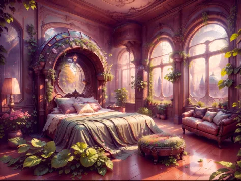 solarpunk dreamscape: the royal botanical sanctuary | generate an ornate botanical bedroom in the style of versailles in a solar...