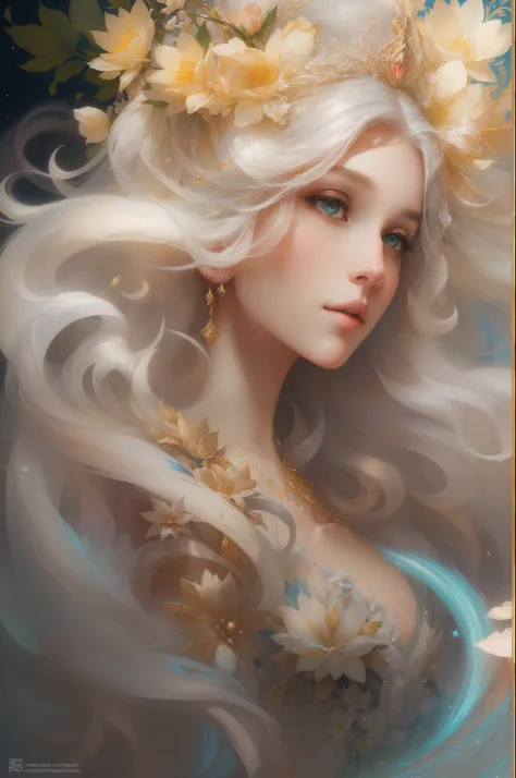 ((gorgeous princess)), (with long flowing white hair), (bright and beautiful eyes), trending on Art Station, flower of hope by J...