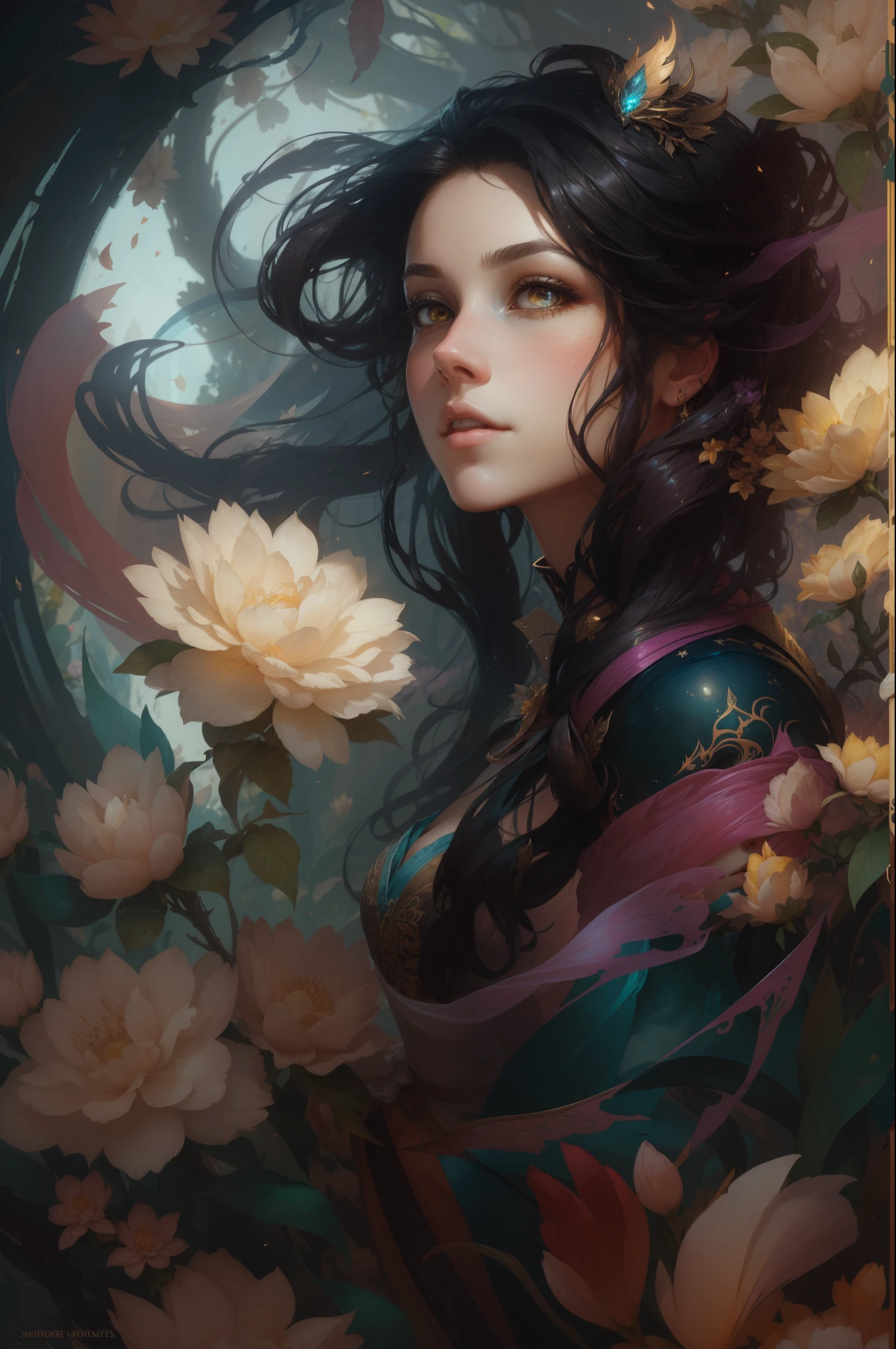 （（Linda princesa feminina）），（Ela tem cabelos castanho-pretos longos e esvoaçantes），（olhos brilhantes e lindos），tendências no artstation，flores de esperança de Jean-Honor Fragonard，peter mohrbacher，ultra-detalhado，detalhes insanamente, incrível, Complex, elite, Arte Nova, um lindo, cera líquida, elegante, Luxuoso, Greg Rutkowski, estilo de tinta, um adesivo, arte vetorial lindo design de personagens, Fotografia com dupla exposição, design luminoso, arte vencedora, obra-prima, fundo preto amolado,ótico