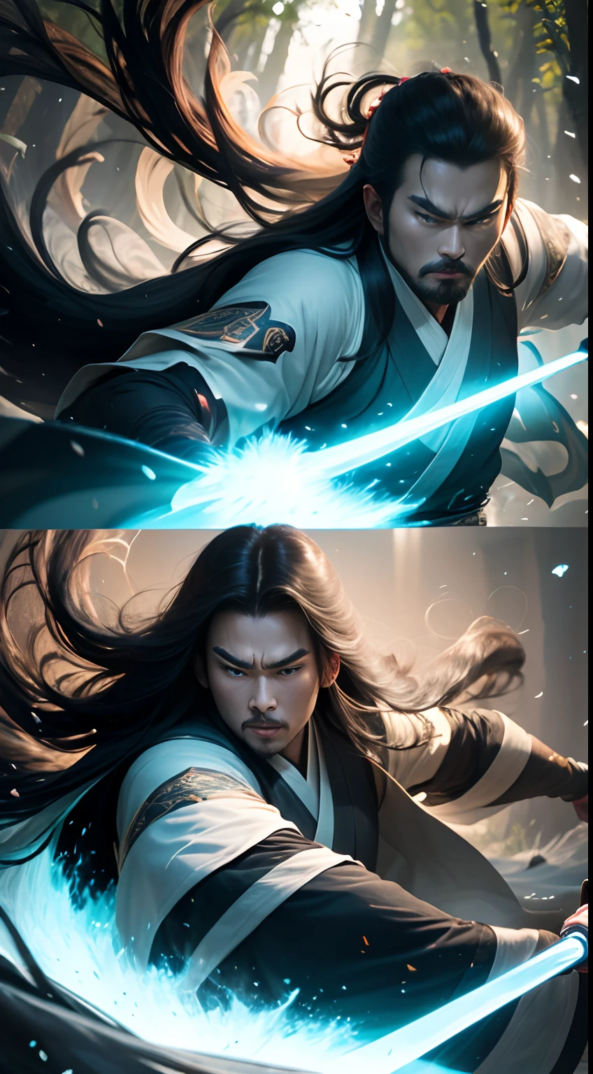 （illustration）comic page，There are multiple panels on the page：Chinese edition of comic books，《Feng Shen List》，《Make a big fuss about the Heavenly Palace》 ，author：Liu Jibiao。Dance with the sword，Flowing black hair，Hanfu，Magic Array，Light effect particles，Dynamic tracking，Punch your fist, Vivid colors。Depth of field 2.0，naturalshadow。【Continuous shooting】::Battle of the Bamboo Forest，illusory engine，Thrilling moments --niji 5 --q 2 ---16K