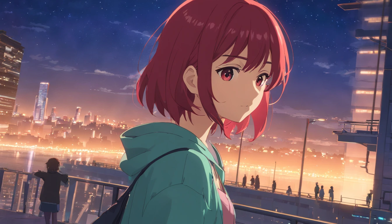 Anime girl with red hair and backpack looking at the city - SeaArt AI