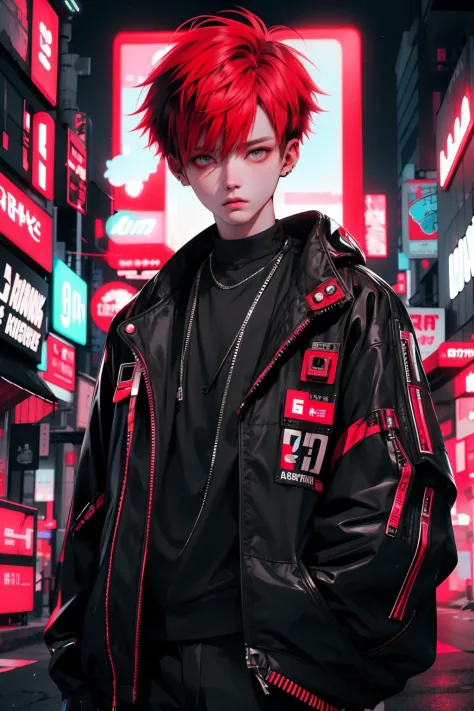 boy walking, half body shot, white red hair, cool black open short jacket, messy fade cut hair, crazy, on futuristic neon night ...