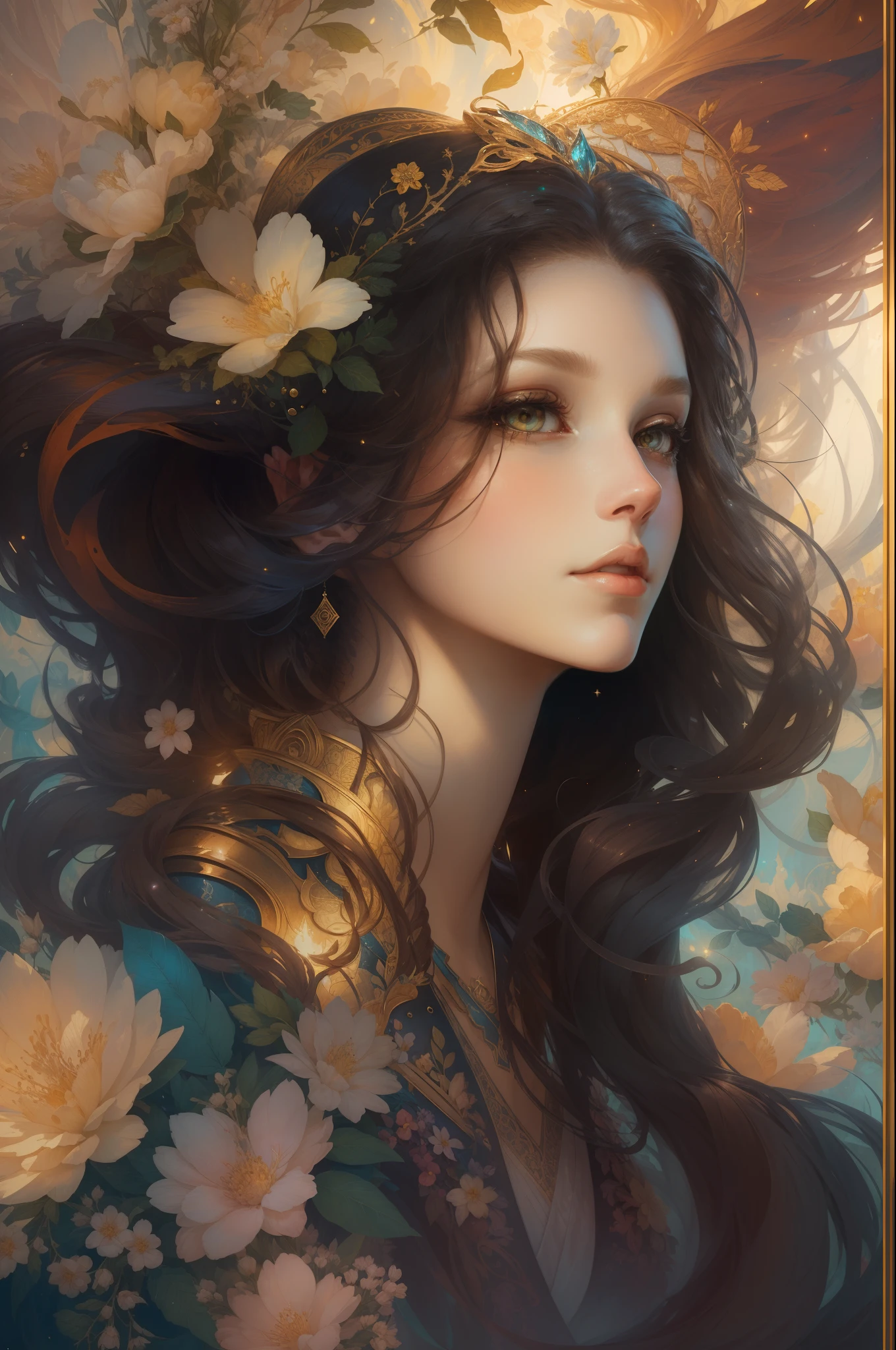 （（Gorgeous female princess）），（She has long flowing brown hair），（Bright and beautiful eyes），trendding on artstation，Flowers of Hope by Jean-Honor Fragonard，Peter Mohrbacher，ultra-detailliert，insanely details, Amazing, complex, elite, Art Nouveau, a gorgeous, Liquid wax, elegant, Luxurious, greg rutkovsky, Ink style, a sticker, Vector art beautiful character design, Dual exposure shooting, Luminous design, winning artwork, tmasterpiece, AMOLED black background,optic