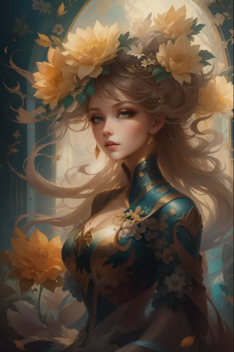 （（Gorgeous female princess）），（She has long flowing brown hair），（Bright and beautiful eyes），trendding on artstation，Flowers of Ho...