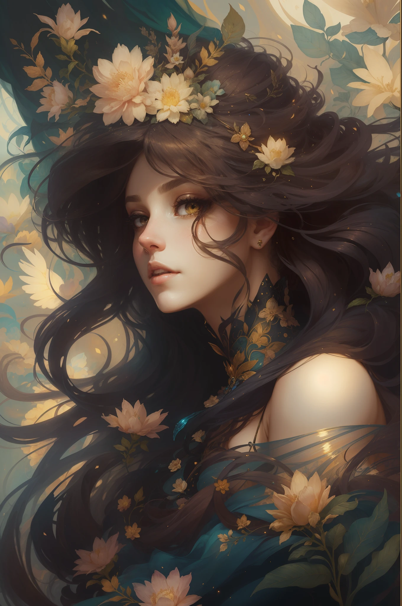 （（Gorgeous female princess）），（She has long flowing brown hair），（Bright and beautiful eyes），trendding on artstation，Flowers of Hope by Jean-Honor Fragonard，Peter Mohrbacher，ultra-detailliert，insanely details, Amazing, complex, elite, Art Nouveau, a gorgeous, Liquid wax, elegant, Luxurious, greg rutkovsky, Ink style, a sticker, Vector art beautiful character design, Dual exposure shooting, Luminous design, winning artwork, tmasterpiece, AMOLED black background,optic