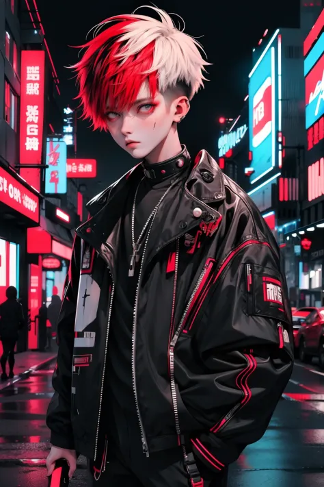 boy walking, half body shot, white red hair, cool black open short jacket, messy fade cut hair, crazy, on futuristic neon night ...