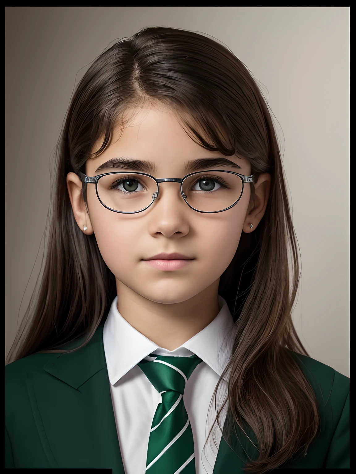 Realistic photo of a 10-year-old girl of European appearance, slightly curly brown thick hair below the shoulder blades(to the middle of the back); Large shiny dark brown eyes, long eyelashes, eyeglasses(The natural shine of glasses), thick eyebrows, Serious, хмурая, A bored look, looks at the camera from under his eyebrows(a slight tilt of the head forward and down), In the look you can read the desire to leave here; Realistic form of the Hogwarts School of Magic, Slytherin Faculty(green and silver colors, striped tie)( Realistic believable costume, Hogwarts Student's Mantle); Without cosmetics, Unadorned; Straight posture(Photography for documents), sits directly on camera, Direct view(full face); Professional studio photography with a film SLR camera("Zorkiy-4"), (passport photo), hight resolution, Natural Realistic Detailed Skin Texture, natural lightin, 8K, Texture of the photo card, Maximum photorealism