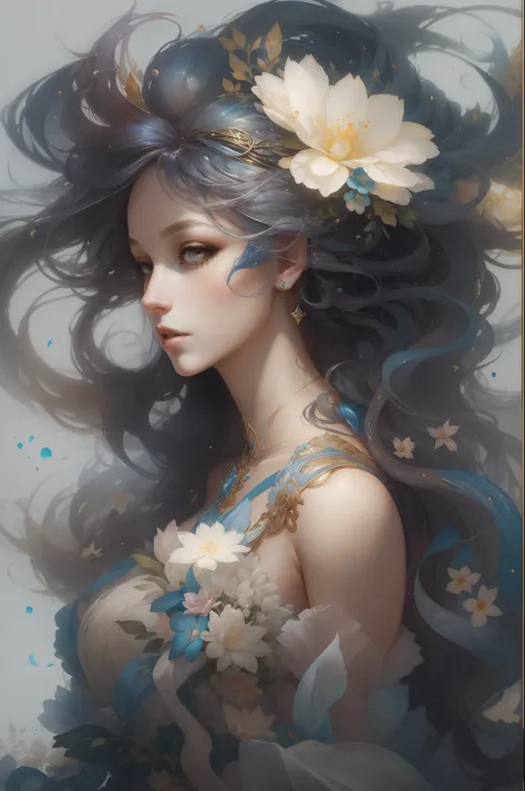 （（Gorgeous female princess）），（She has long flowing gray hair），（Bright and beautiful eyes），trendding on artstation，Flowers of Hop...