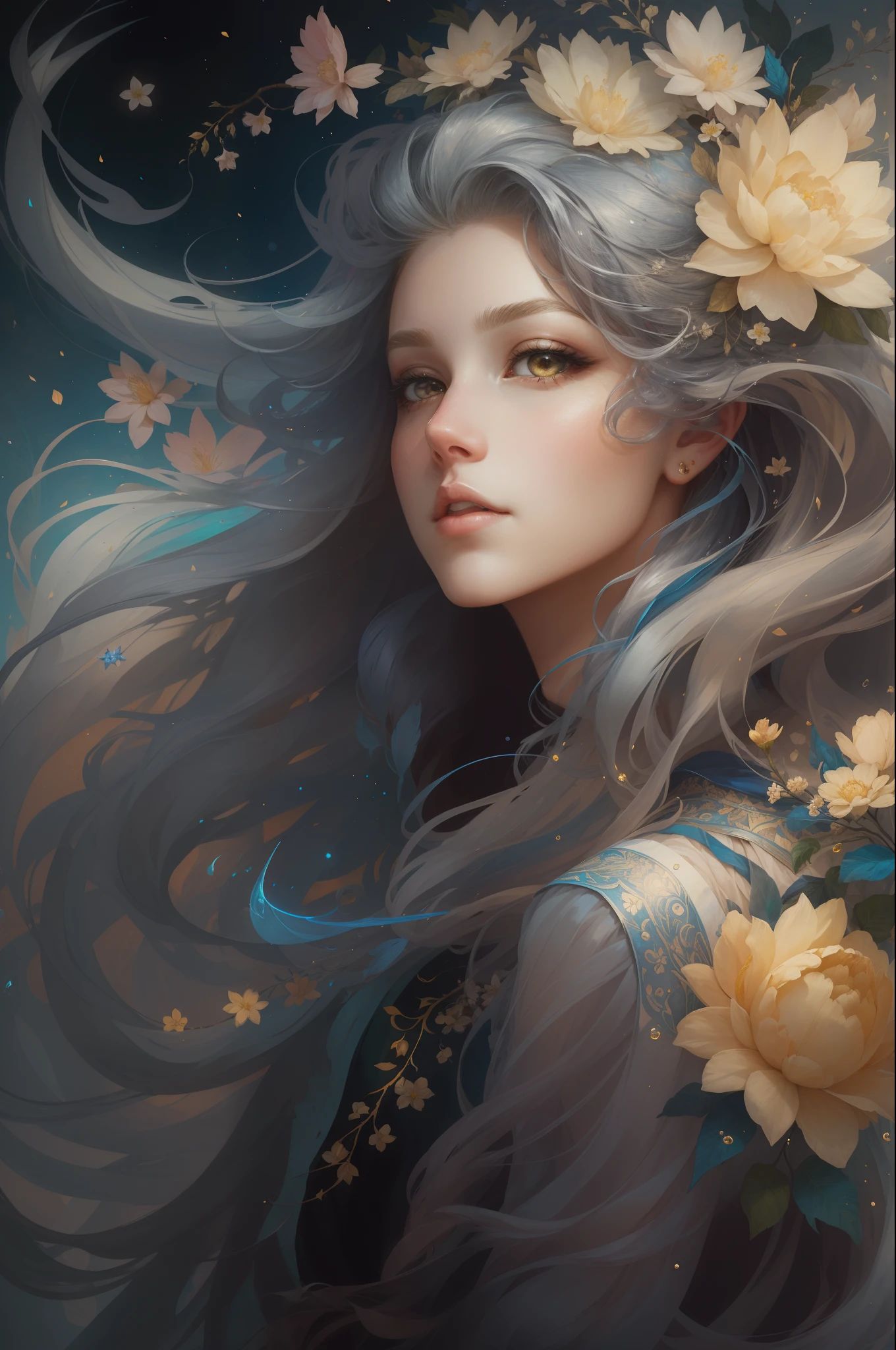 （（Gorgeous female princess）），（She has long flowing gray hair），（Bright and beautiful eyes），trendding on artstation，Flowers of Hope by Jean-Honor Fragonard，Peter Mohrbacher，ultra-detailliert，insanely details, Amazing, complex, elite, Art Nouveau, a gorgeous, Liquid wax, elegant, Luxurious, greg rutkovsky, Ink style, a sticker, Vector art beautiful character design, Dual exposure shooting, Luminous design, winning artwork, tmasterpiece, AMOLED black background,optic