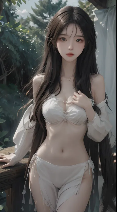 A beautiful girl，solo，realisticlying，With a petite figure，Smaller bust，meticuloso，big breasts beautiful， Very long hair, Elaborate Eyes，Walk aimlessly on the streets of the night，in a panoramic view, Close-up Shot Shot,In the dim lights of the distant part...