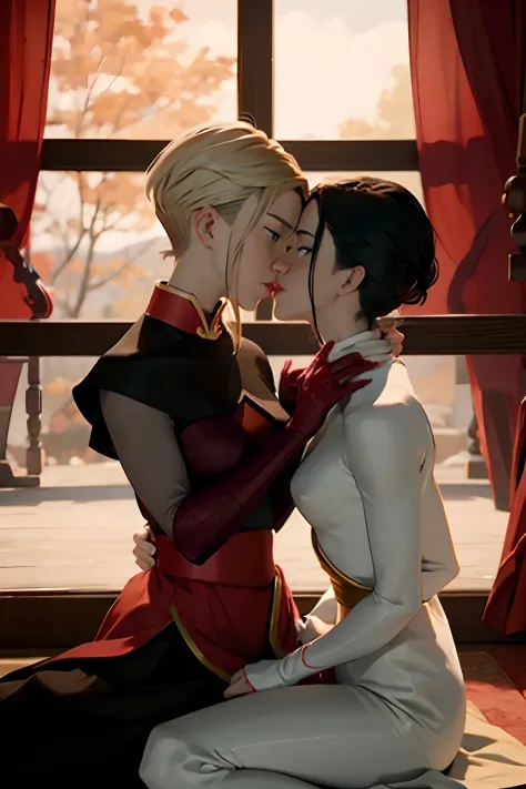 Azula and Gwen Stacy passionately kissing in a dimly lit room, their bodies entwined. Gwen, with her flowing blonde hair, caress...