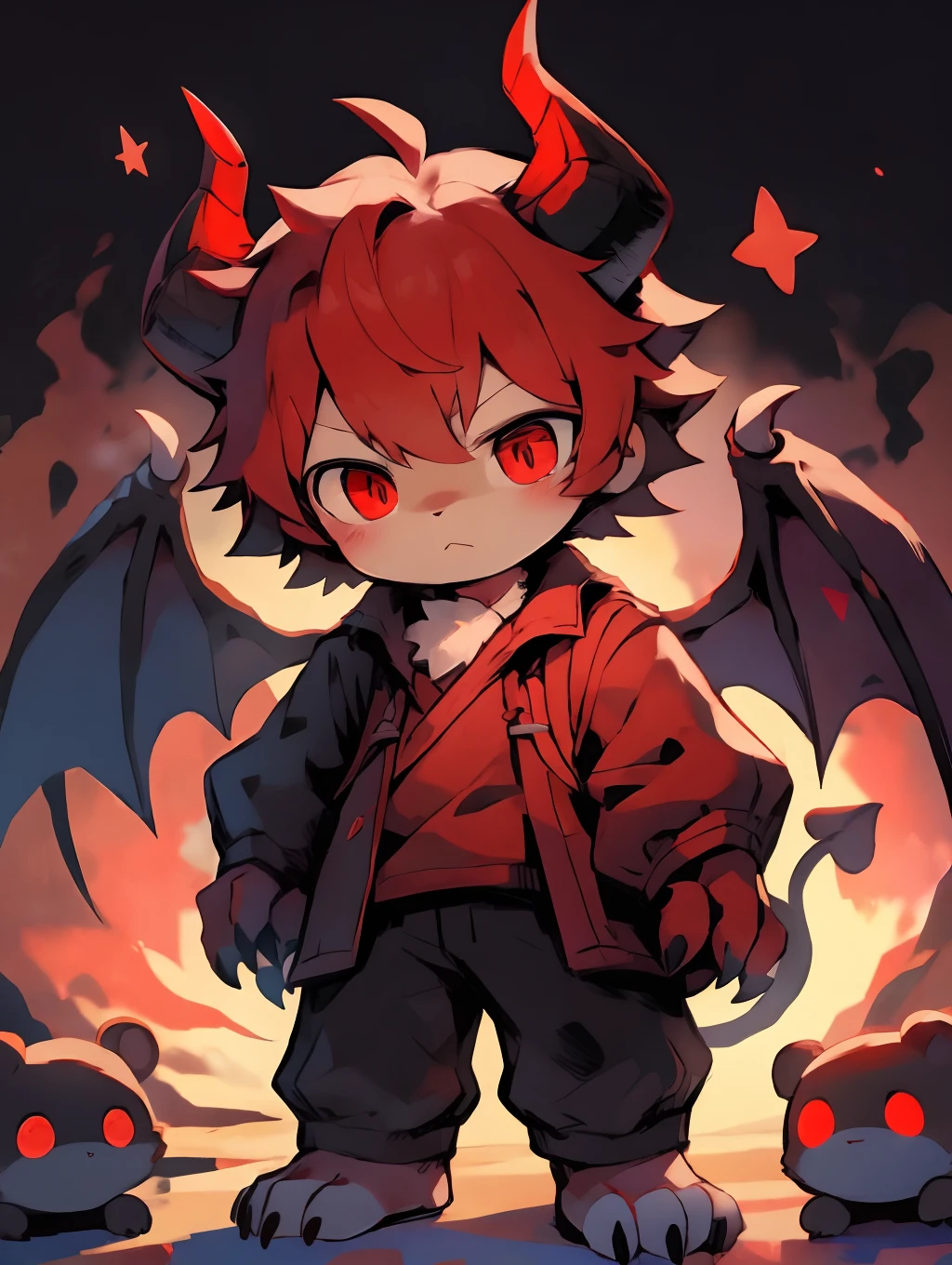 A cartoon image of a demon boy with red eyes and horns - SeaArt AI