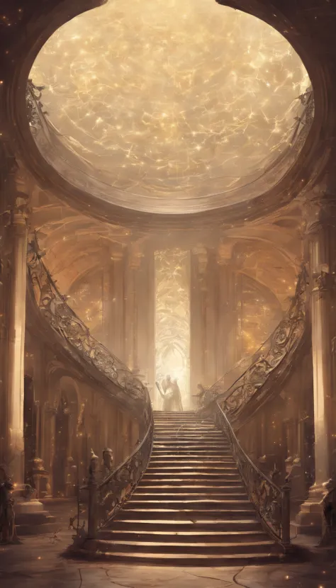 A gigantic oval-shaped staircase with angels going to the heavens
